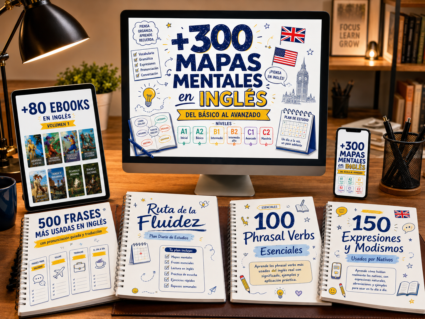 Mockup del Kit Completo de Inglés Visual